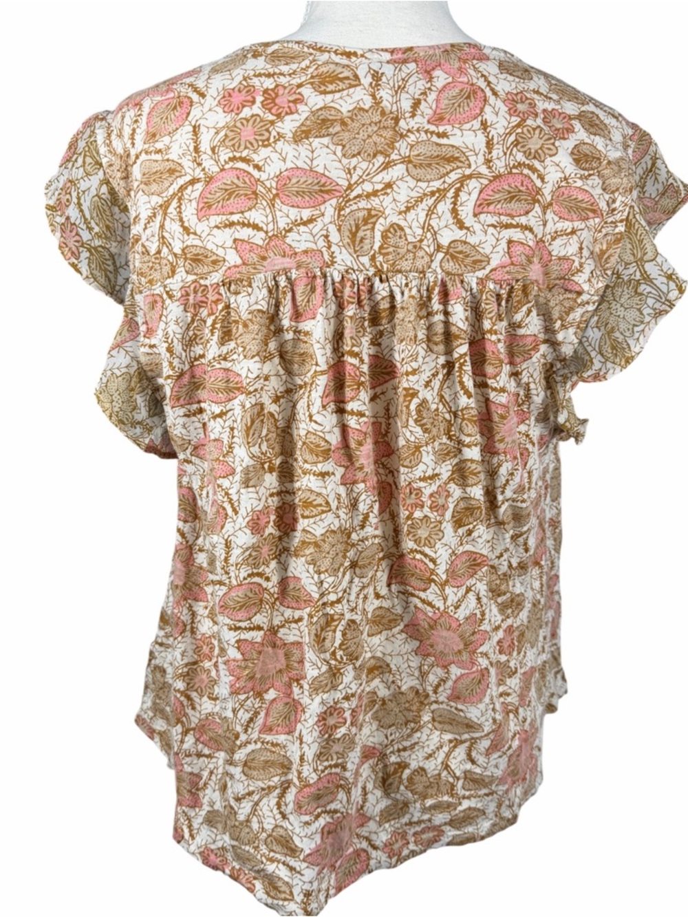 Lucky Brand Floral Top Womens Large Pink Tan Flutter Sleeve V Neck Boho - Picture 11 of 12